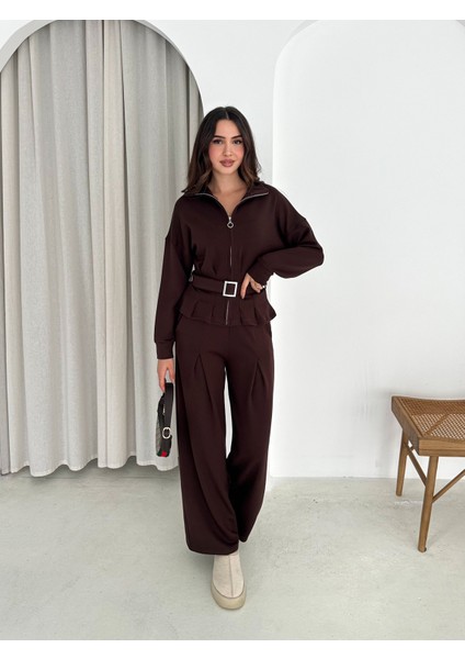 Tesettür Uyumlu Modal Kumaş Kemerli Fermuarlı Şık Günlük Takım / Modest Modal Tracksuit Set fiyatları