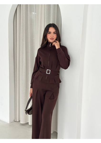 Tesettür Uyumlu Modal Kumaş Kemerli Fermuarlı Şık Günlük Takım / Modest Modal Tracksuit Set fırsatları