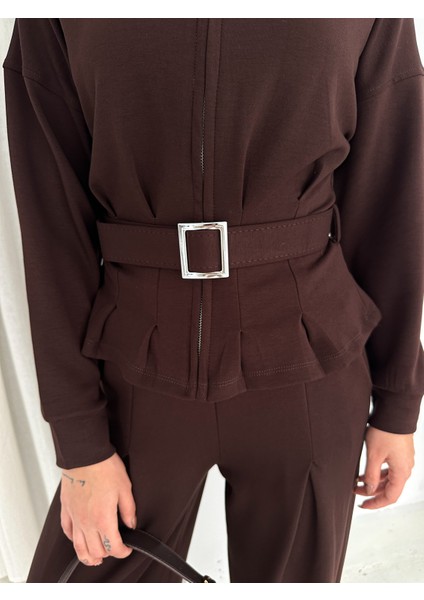 Tesettür Uyumlu Modal Kumaş Kemerli Fermuarlı Şık Günlük Takım / Modest Modal Tracksuit Set indirimleri