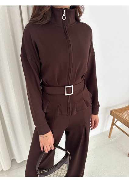 Tesettür Uyumlu Modal Kumaş Kemerli Fermuarlı Şık Günlük Takım / Modest Modal Tracksuit Set