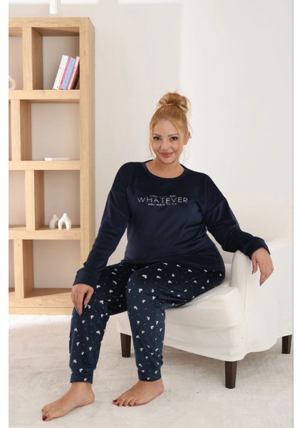 Kadın Büyük Beden Yumuşak Kadife Lacivert Pijama Takımı fiyatları