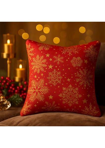 Kırmızı Yılbaşı Temalı Kırlent Kılıfı – Kar Tanesi Desenli
