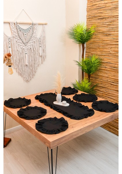 Lira | Siyah 7 Parça Çift Fırfırlı Sofra Sunum Seti 40 x 110