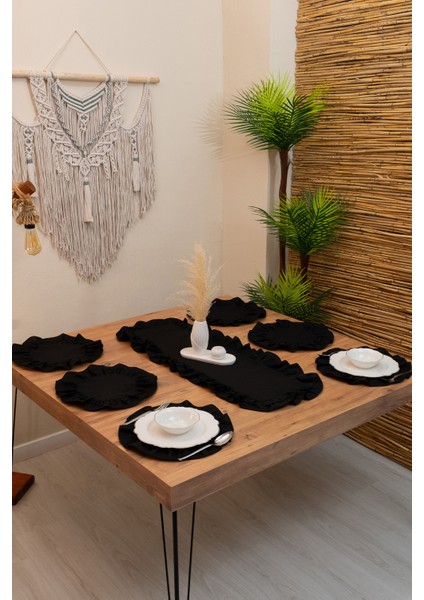 Lira | Siyah 7 Parça Çift Fırfırlı Sofra Sunum Seti 40 x 110