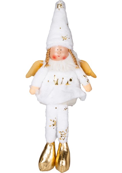 Yılbaşı Süsü, Oturan Kanatlı Peri Figürü, Beyaz - Gold Ayakkabılı, 17