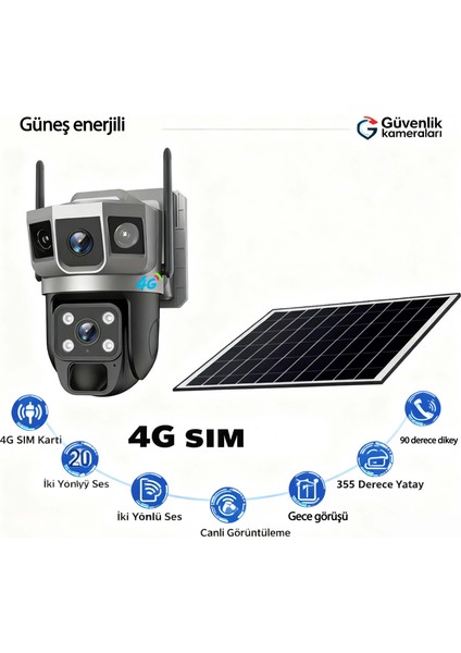 4g Sım Kartlı Güneş Panelli Güvenlik Kamerası, Güneş Enerjisi ile Çalışan 6mp Çift Lensli Kamera, Çift Yönlü Ses, IP66 Su Korumalı