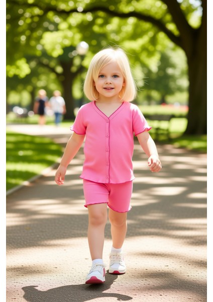 Kız Çocuk V Yaka Düz Örme Kısa Kollu Üst ve Şort Takımı Kaliteli Şık Rahat Günlük modelleri