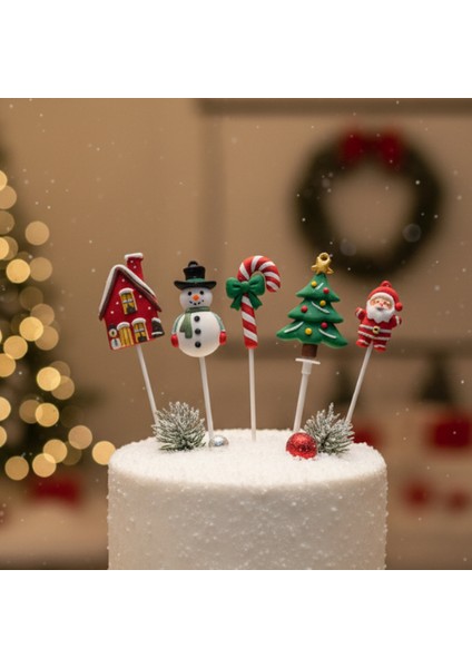 5 Adet Yılbaşı Temalı Pasta Süsü Seti - Noel Kek Topper Kurabiye Dekorasyonu - Silikon Figürler