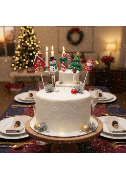 5 Adet Yılbaşı Temalı Pasta Süsü Seti - Noel Kek Topper Kurabiye Dekorasyonu - Silikon Figürler