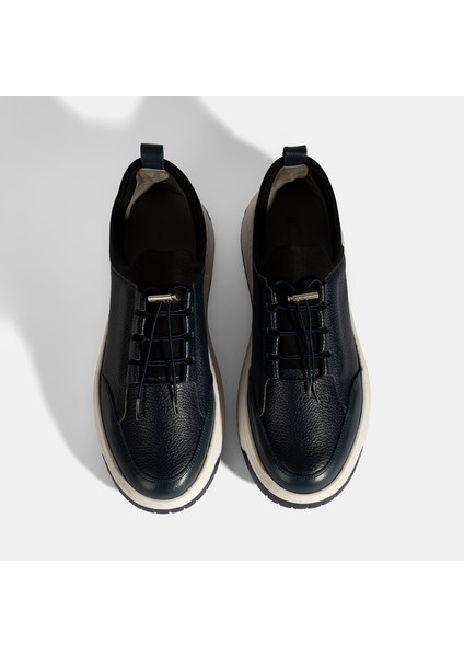 Erkek Lacivert Lastik Bağcıklı Deri Sneaker