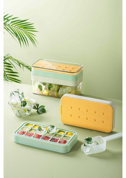 Yeni Nesil Buzdolabı Tipi Çift Katlı Buz Kalıbı - Kapaklı Saklama Kutulu Basmalı Sistem