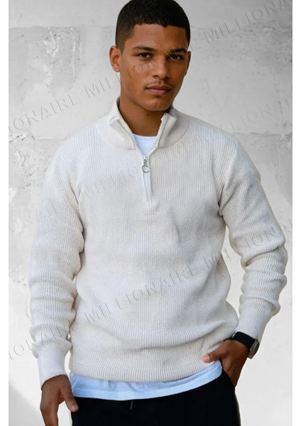 Erkek Ekru Beyaz Fermuarlı Balıkçı Yaka Kışlık Triko Kazak