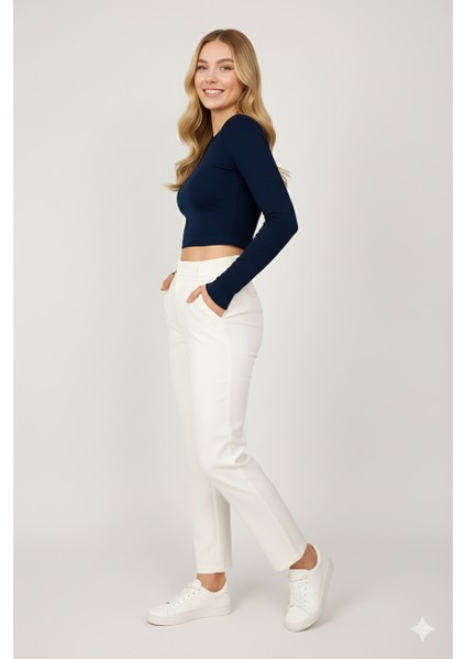 Kadın Buzy Kumaş Parmak Geçmeli Lacivert Crop Body| Uzun Kollu – Likralı fiyatları