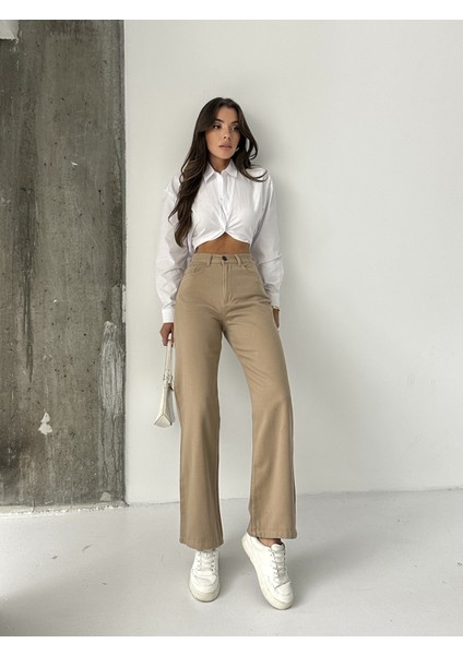 Kadın Yüksek Bel Keten Boyfriend Bol Paça