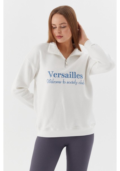 Yakası Fermuarlı Sweatshirt Ekru