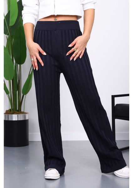 Lacivert Yüksek Bel Fitilli Bol Paça Triko Pantolon