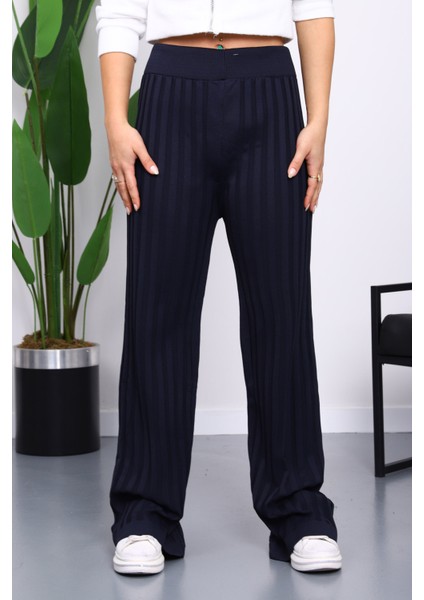Lacivert Yüksek Bel Fitilli Bol Paça Triko Pantolon fiyatları