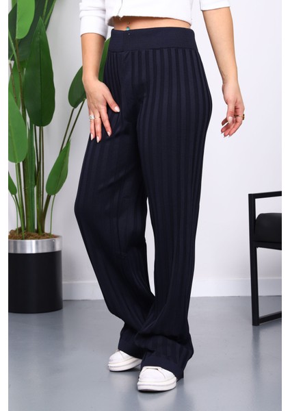 Lacivert Yüksek Bel Fitilli Bol Paça Triko Pantolon modelleri