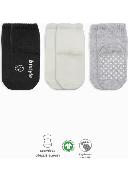 3lü Basic Kaymaz Penye Soket Çorap 10107 Siyah Ekru Gri