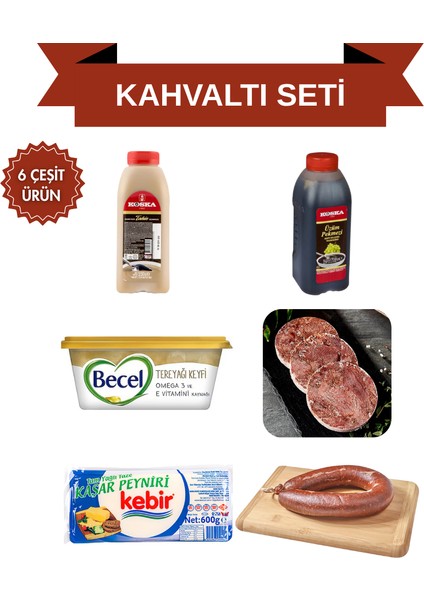 Premium Gurme Set (6 Çeşit) - 1 Adet Kebir Kaşar 600GR + 1 Adet 1kg Sucuk + 1 Adet 500GR Kavurma + 1 Adet 550GR Koska Tahin + 1 Adet Becel Yağ+ 1 Adet 700GR Koska Üzüm Pekmezi