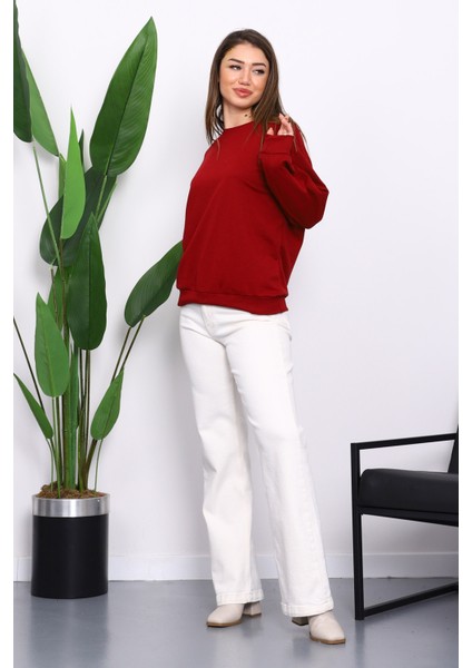 Bordo Bisiklet Yaka İki İplik Sweatshirt fiyatları