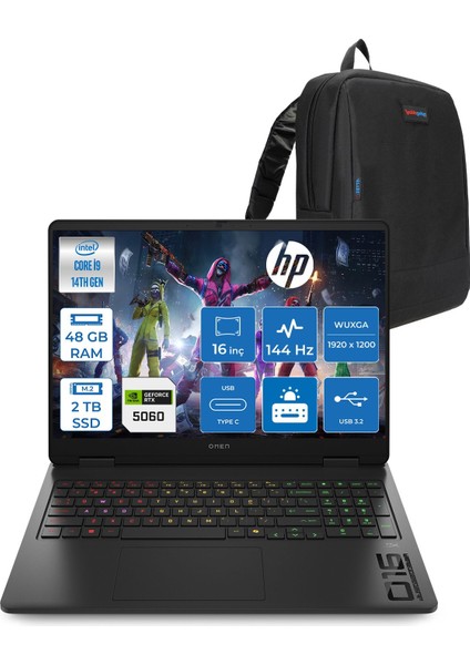 Omen 16-AM0033NT Intel Core I9 14900HX 48GB Ddr5 2tb SSD RTX5060 8gb Gddr7 Freedos 16 Inç Wuxga (1920X1200) 144Hz 300NITS IPS Taşınabilir Bilgisayar WC39J7EAF27 + Zetta Çanta