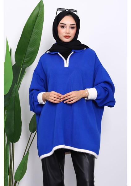 Saks Mavi Gömlek Yaka Fermuarlı Triko Tunik