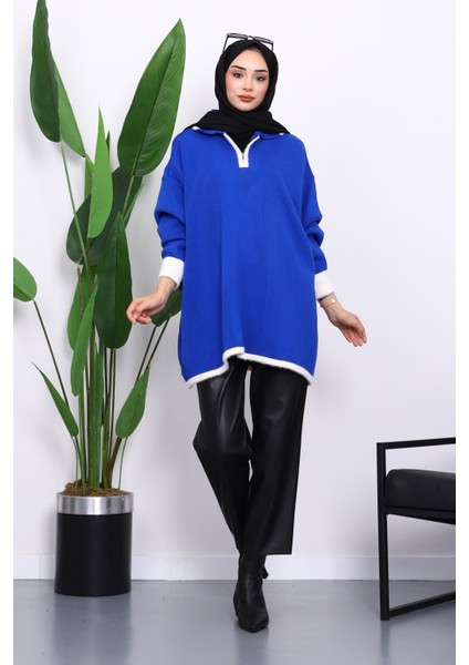 Saks Mavi Gömlek Yaka Fermuarlı Triko Tunik fiyatları