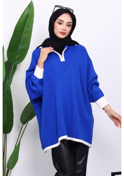 Saks Mavi Gömlek Yaka Fermuarlı Triko Tunik modelleri