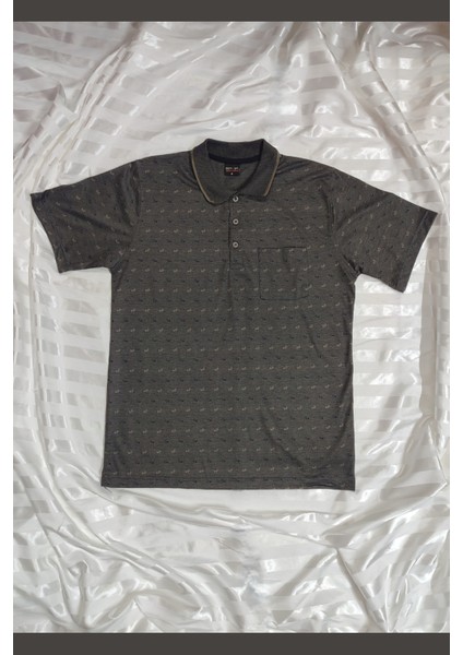 Desenli Polo Yaka Düğmeli Cepli Antrasit Kısa Kollu Tişört