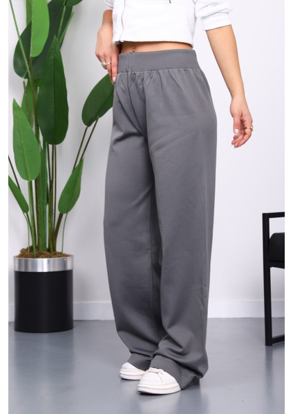 Füme Yüksek Bel Fitilli Bol Paça Triko Pantolon