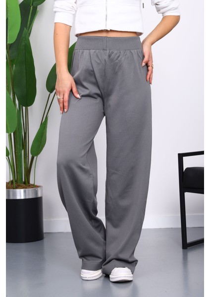Füme Yüksek Bel Fitilli Bol Paça Triko Pantolon modelleri