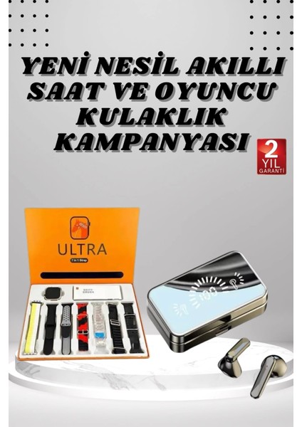 Aynalı Bluetooth Kulaklık ve 7 Kordonlu Akıllı Saat Dijital Göstergeli Uzun Pil Ömrü