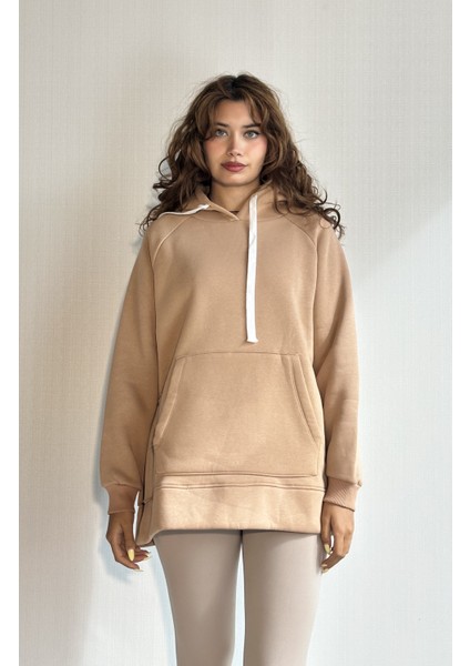 Kadın Kapüşonlu Kanguru Cepli Uzun Kol Düz Oversize Sweatshirt