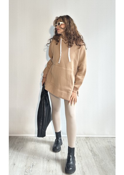 Kadın Kapüşonlu Kanguru Cepli Uzun Kol Düz Oversize Sweatshirt fiyatları