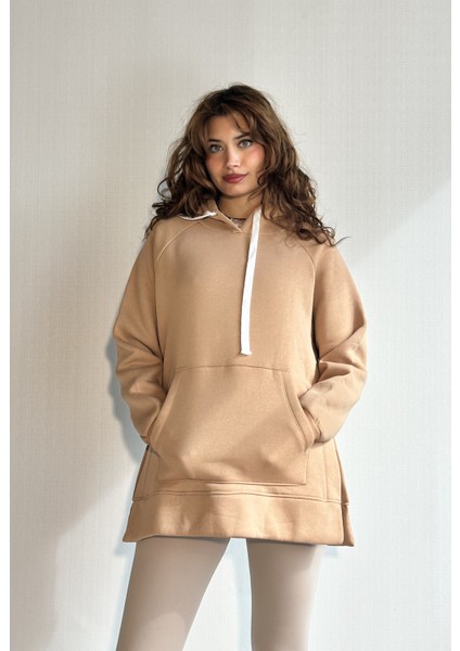 Kadın Kapüşonlu Kanguru Cepli Uzun Kol Düz Oversize Sweatshirt modelleri