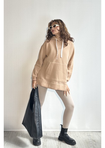 Kadın Kapüşonlu Kanguru Cepli Uzun Kol Düz Oversize Sweatshirt fırsatları