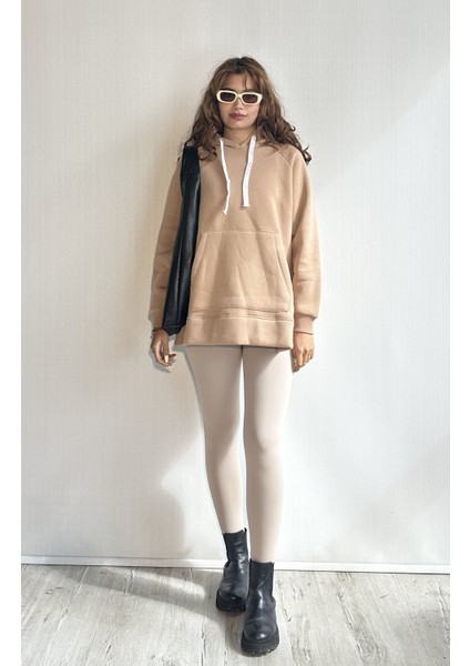 Kadın Kapüşonlu Kanguru Cepli Uzun Kol Düz Oversize Sweatshirt indirimleri