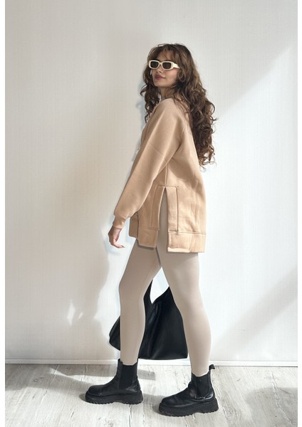 Kadın Kapüşonlu Kanguru Cepli Uzun Kol Düz Oversize Sweatshirt