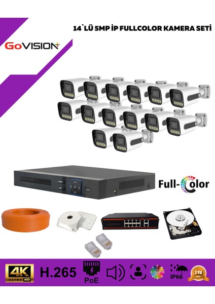 Govision Go Vision 14'lü Güvenlik Ip Kamera Seti - 5mp Dış Mekan Kamera, 3.6mm Lens, H.265, Poe, Warm LED Gece Görüşlü