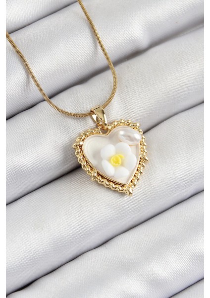 Bfs 316L Çelik Zincir Beyaz Sanatsal Portre Inci Detaylı Papatya Figürlü Kalp Model Gold Renk Kadın Kolye
