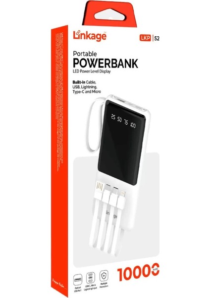 Lkp-52 - 10.000 Mah Usb-A Dahili Type-C, Mikro, Lightning Kablolu, LCD Taşınabilir Powerbank