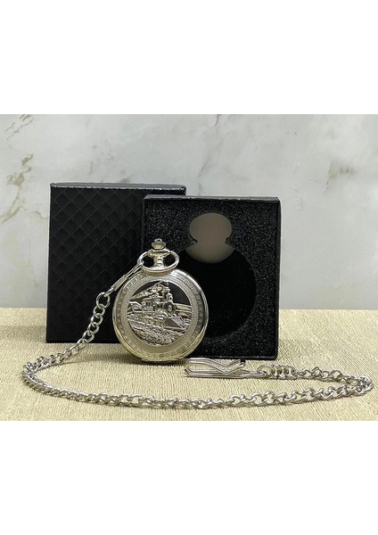 Özel Kutulu Tren Temali Gümüş Köstekli Saat ALK4675 ( Lisinya )