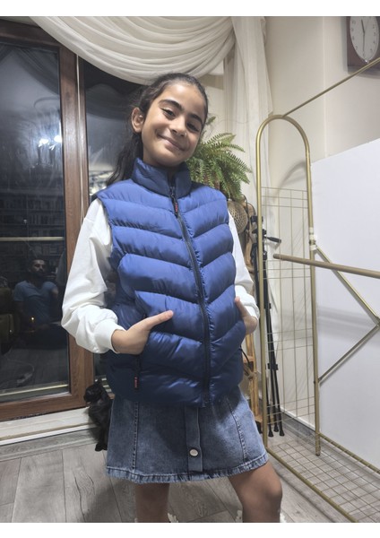 kız-Erkek Çocuk Şişme Yelek Astarlı Fermuarlı Cepli Su Tutmaz Rüzgar Kesici Isı Yalıtımlı Lacivert