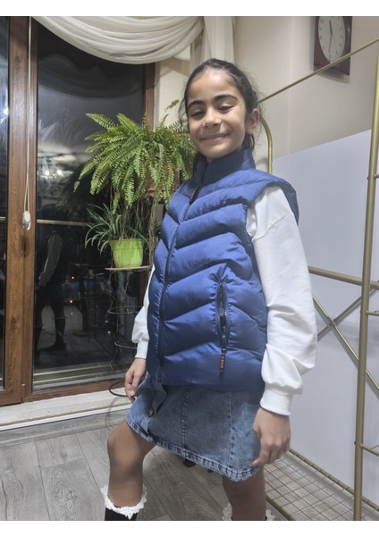 kız-Erkek Çocuk Şişme Yelek Astarlı Fermuarlı Cepli Su Tutmaz Rüzgar Kesici Isı Yalıtımlı Lacivert