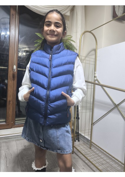 kız-Erkek Çocuk Şişme Yelek Astarlı Fermuarlı Cepli Su Tutmaz Rüzgar Kesici Isı Yalıtımlı Lacivert