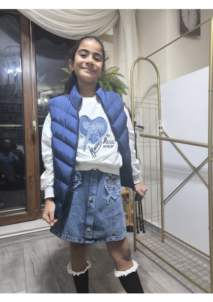 kız-Erkek Çocuk Şişme Yelek Astarlı Fermuarlı Cepli Su Tutmaz Rüzgar Kesici Isı Yalıtımlı Lacivert