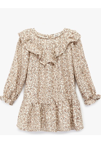 Uzun Kollu Bisiklet Yaka Fırfırlı Viskon Çiçekli Elbise