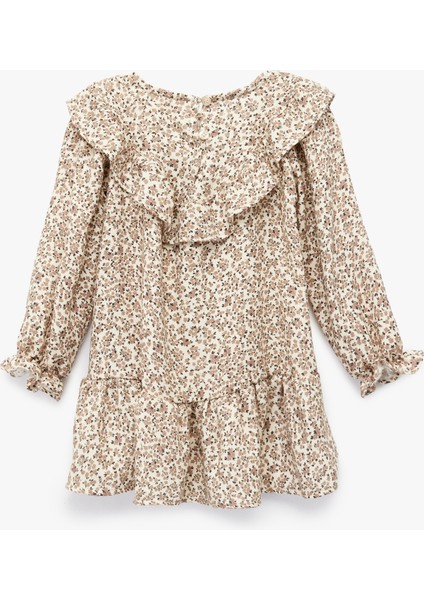 Uzun Kollu Bisiklet Yaka Fırfırlı Viskon Çiçekli Elbise fiyatları