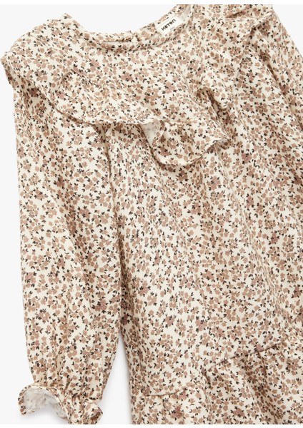 Uzun Kollu Bisiklet Yaka Fırfırlı Viskon Çiçekli Elbise modelleri